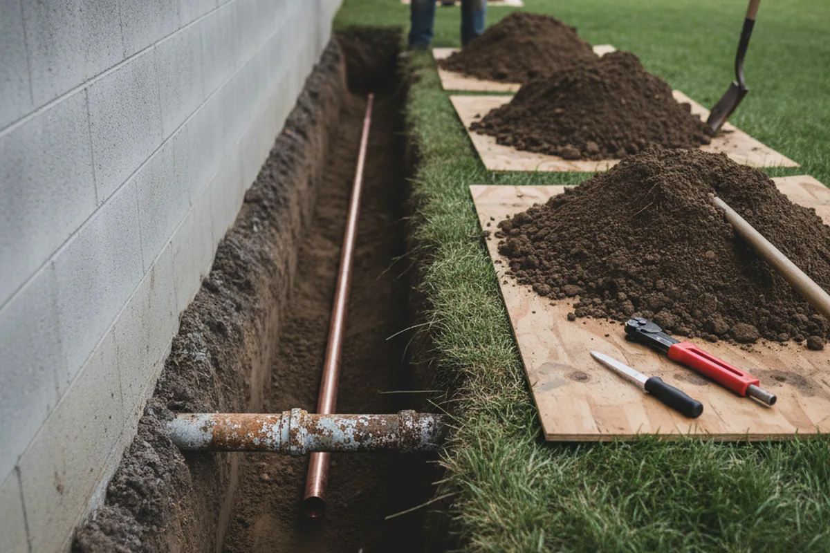 Excavated water line trench during Water Heater Repair in Lawrenceville